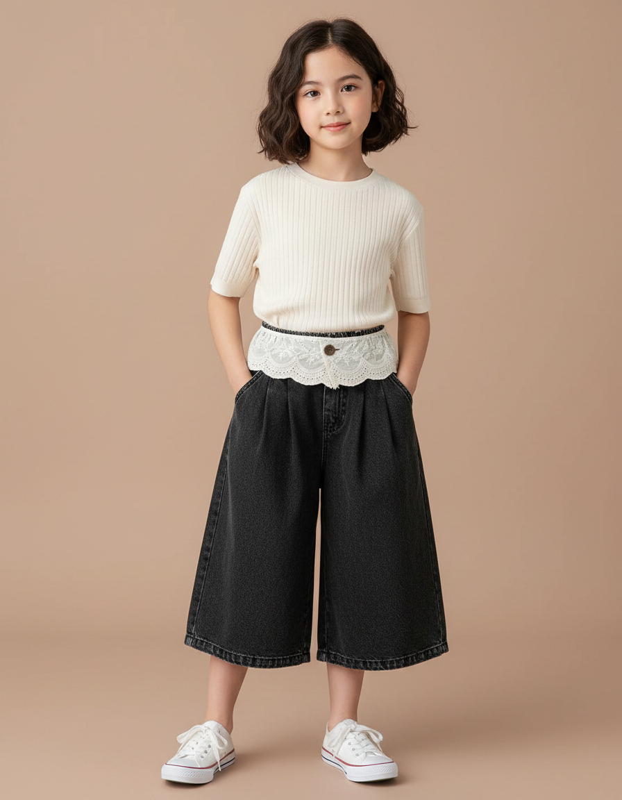 Pantalon Noir Ample Plissé Dentelle Fille - Jean