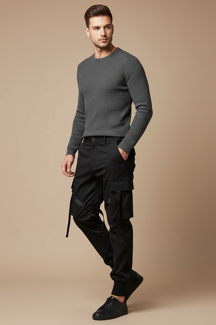 Pantalon Noir Cargo Ample Décontracté Streetwear Homme - Gabardine