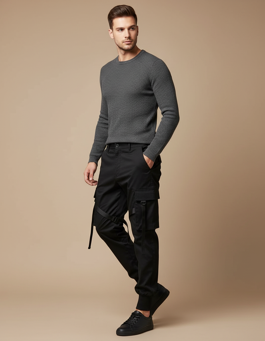 Pantalon Noir Cargo Ample Décontracté Streetwear Homme - Gabardine