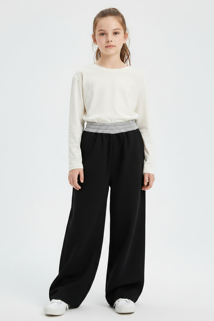 Pantalon Noir Ample Coton Élastique Fille Sport - Molleton