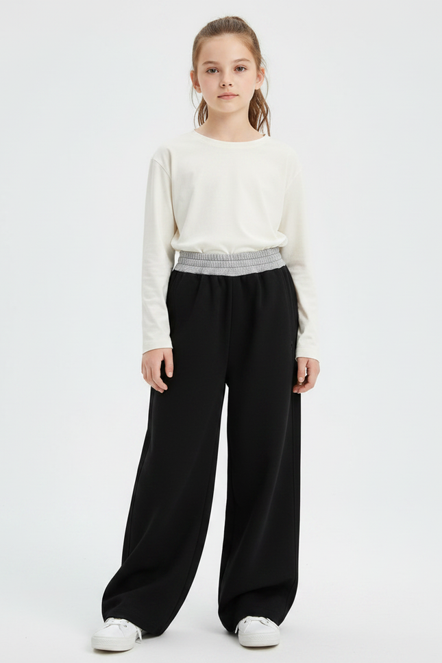 Pantalon Noir Ample Coton Élastique Fille Sport - Molleton