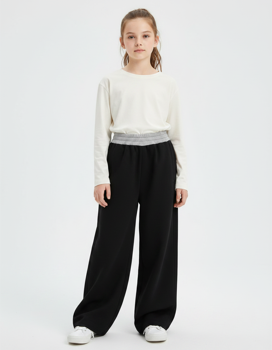 Pantalon Noir Ample Coton Élastique Fille Sport - Molleton