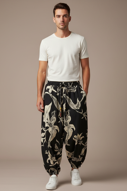Pantalon Noir Harem Floral Ample Homme Décontracté - Viscose