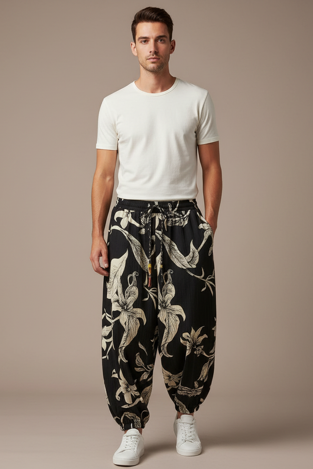 Pantalon Noir Harem Floral Ample Homme Décontracté - Viscose