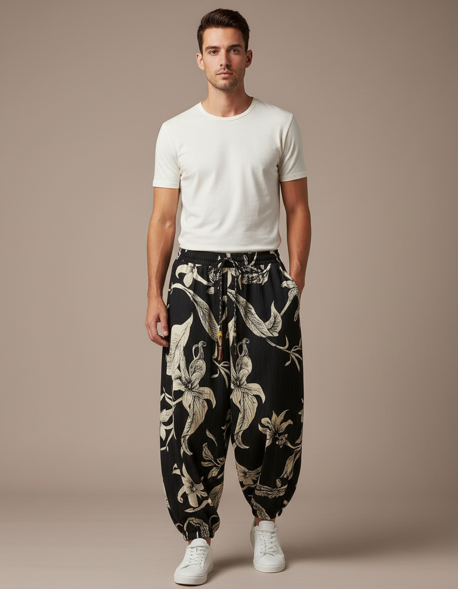 Pantalon Noir Harem Floral Ample Homme Décontracté - Viscose