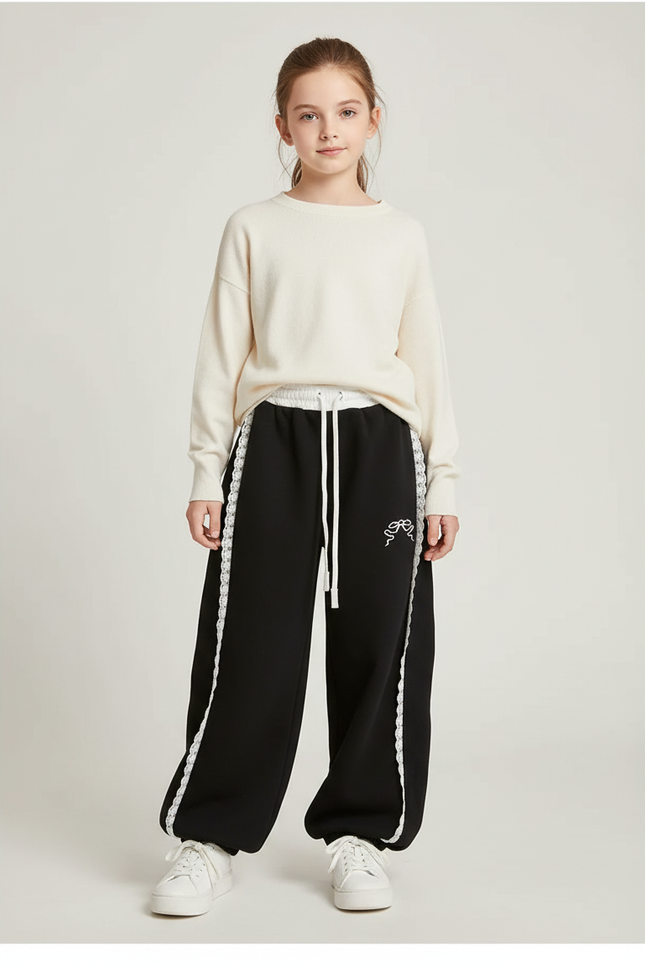 Pantalon Noir Ample Dentelle Blanche Décontracté Fille - Molleton