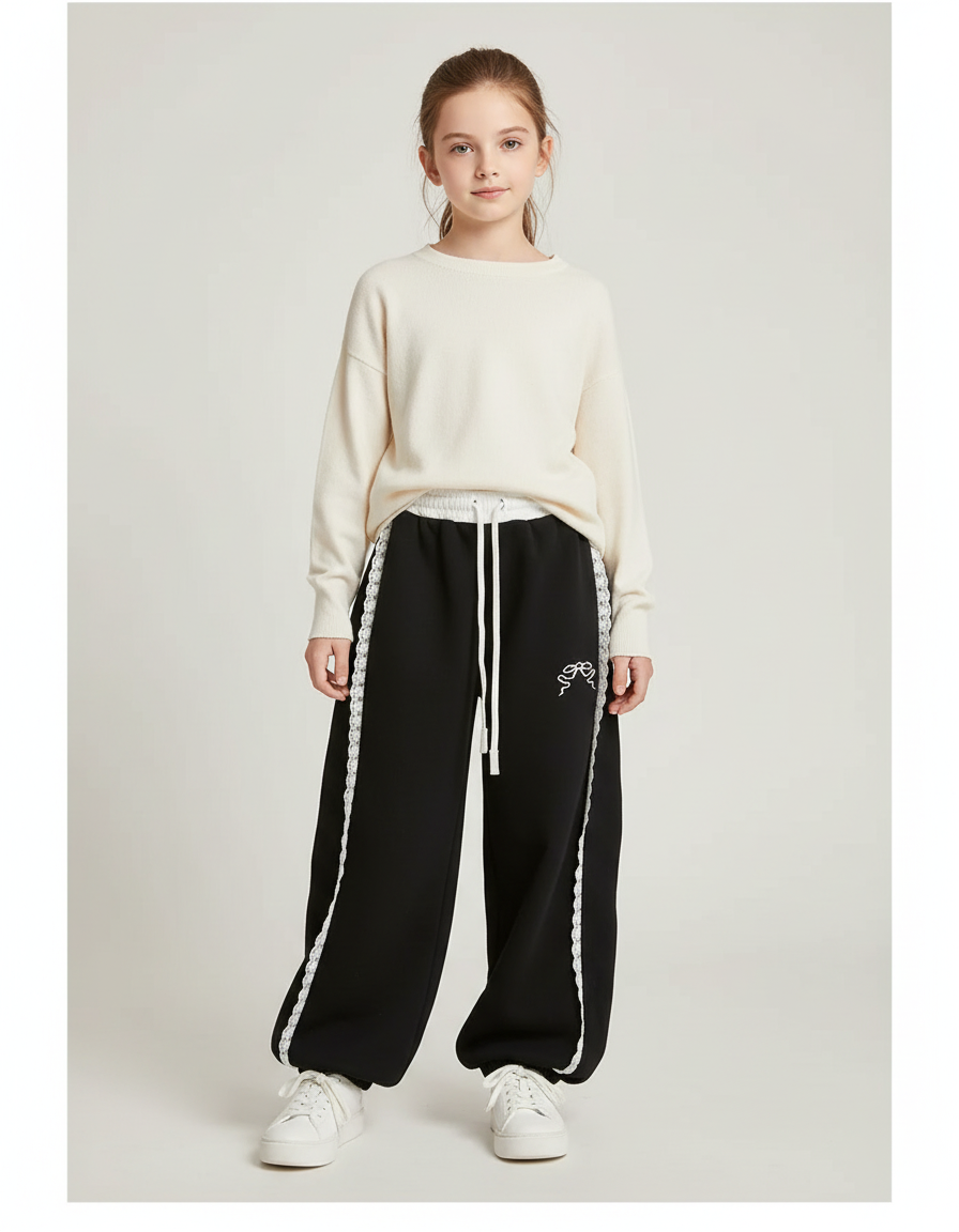 Pantalon Noir Ample Dentelle Blanche Décontracté Fille - Molleton