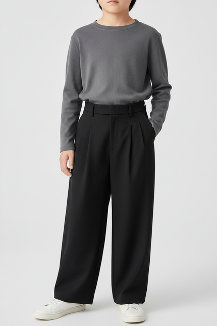 Pantalon Noir Ample Plissé Décontracté Enfant - Polyester