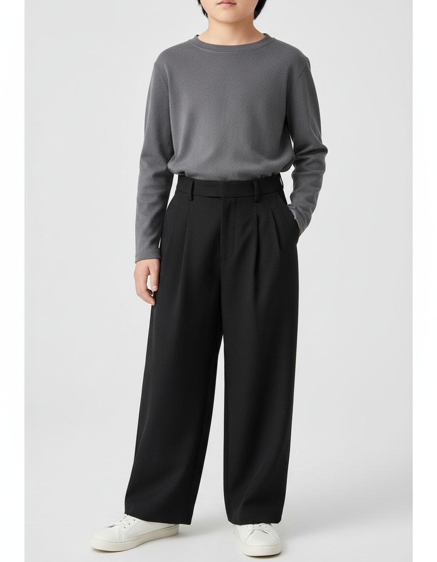 Pantalon Noir Ample Plissé Décontracté Enfant - Polyester
