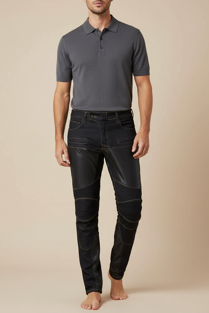 Pantalon Noir Motard Cuir Denim Matelassé Slim Homme