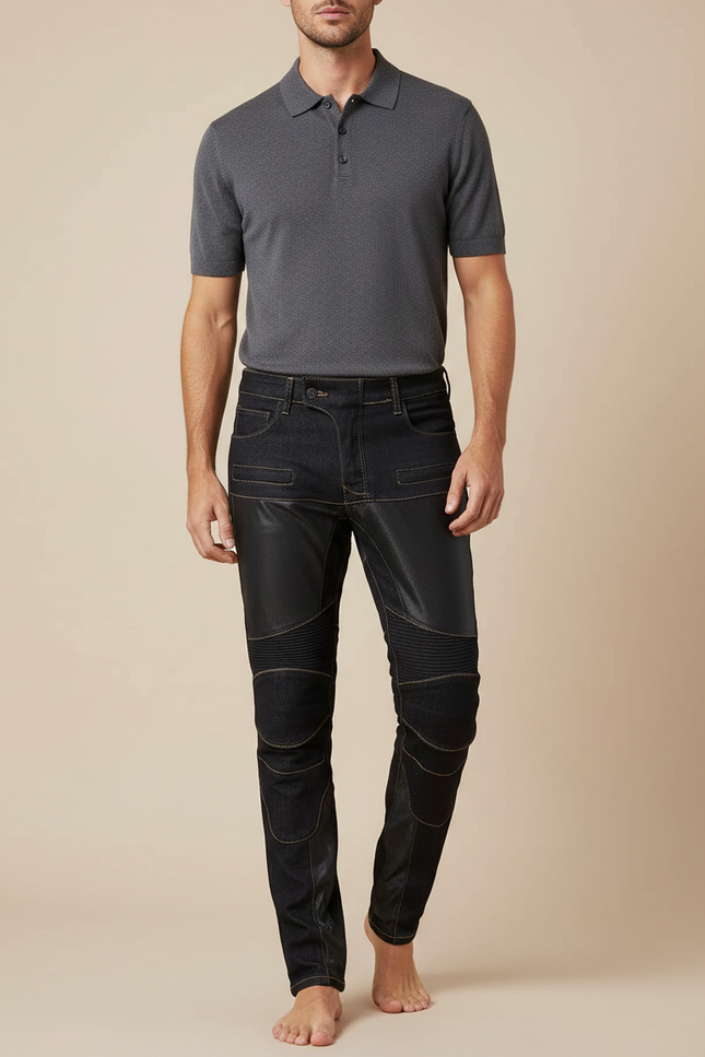 Pantalon Noir Motard Cuir Denim Matelassé Slim Homme