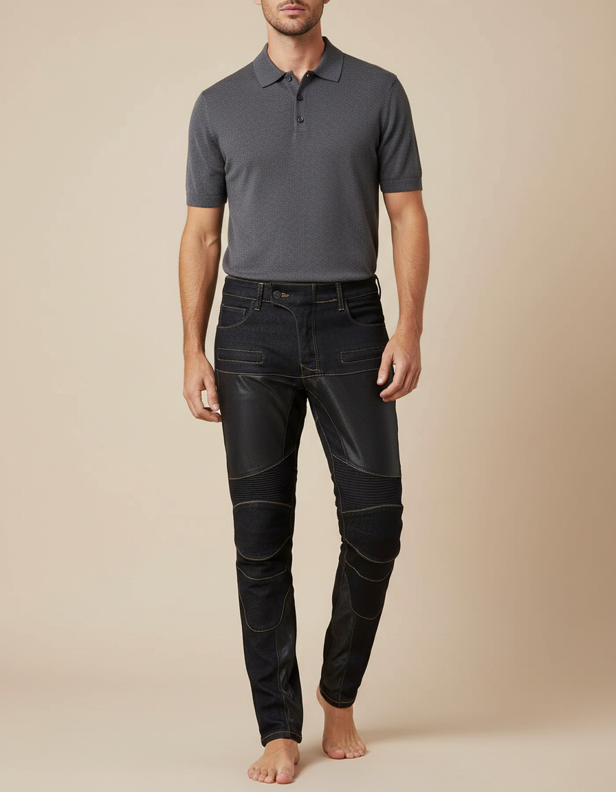 Pantalon Noir Motard Cuir Denim Matelassé Slim Homme