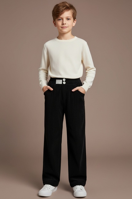 Pantalon Noir Côtelé Ample Décontracté Enfant Boutons - Cordé