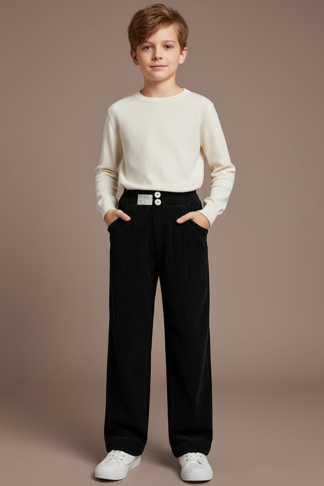 Pantalon Noir Côtelé Ample Décontracté Enfant Boutons - Cordé