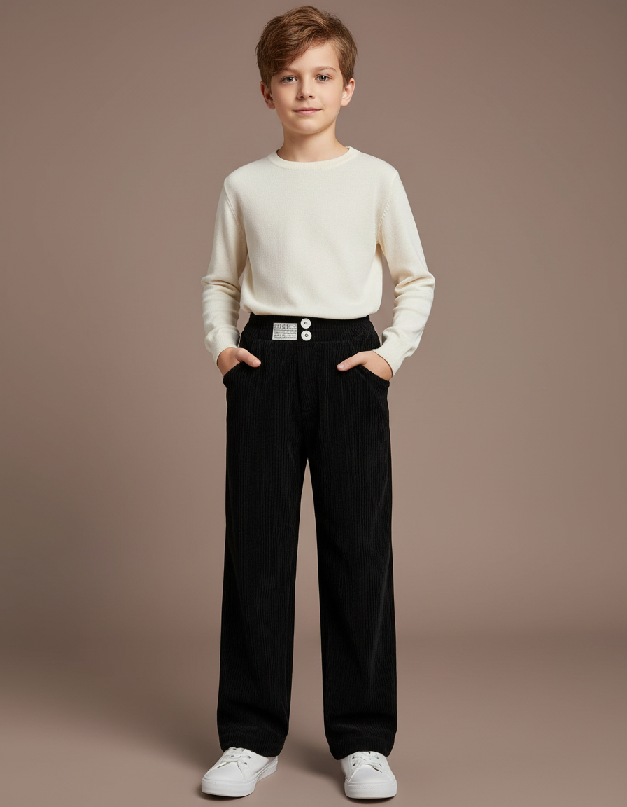 Pantalon Noir Côtelé Ample Décontracté Enfant Boutons - Cordé