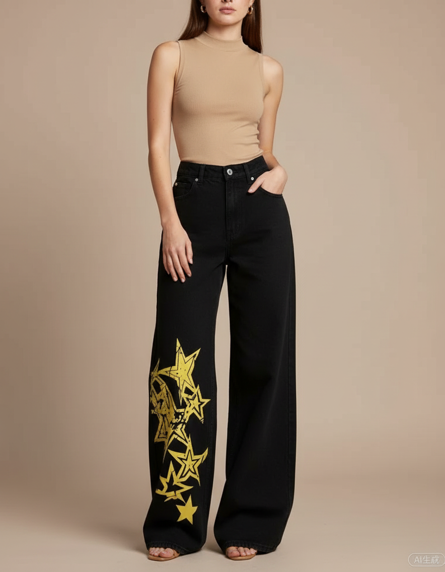 Pantalon Noir Ample Étoiles Imprimées Streetwear Femme - Jean
