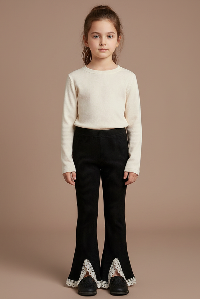 Pantalon Noir Côtelé Évasé Dentelle Fille - Maille