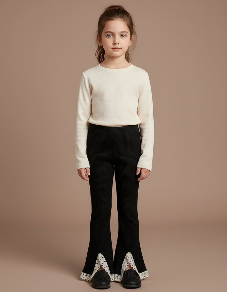 Pantalon Noir Côtelé Évasé Dentelle Fille - Maille