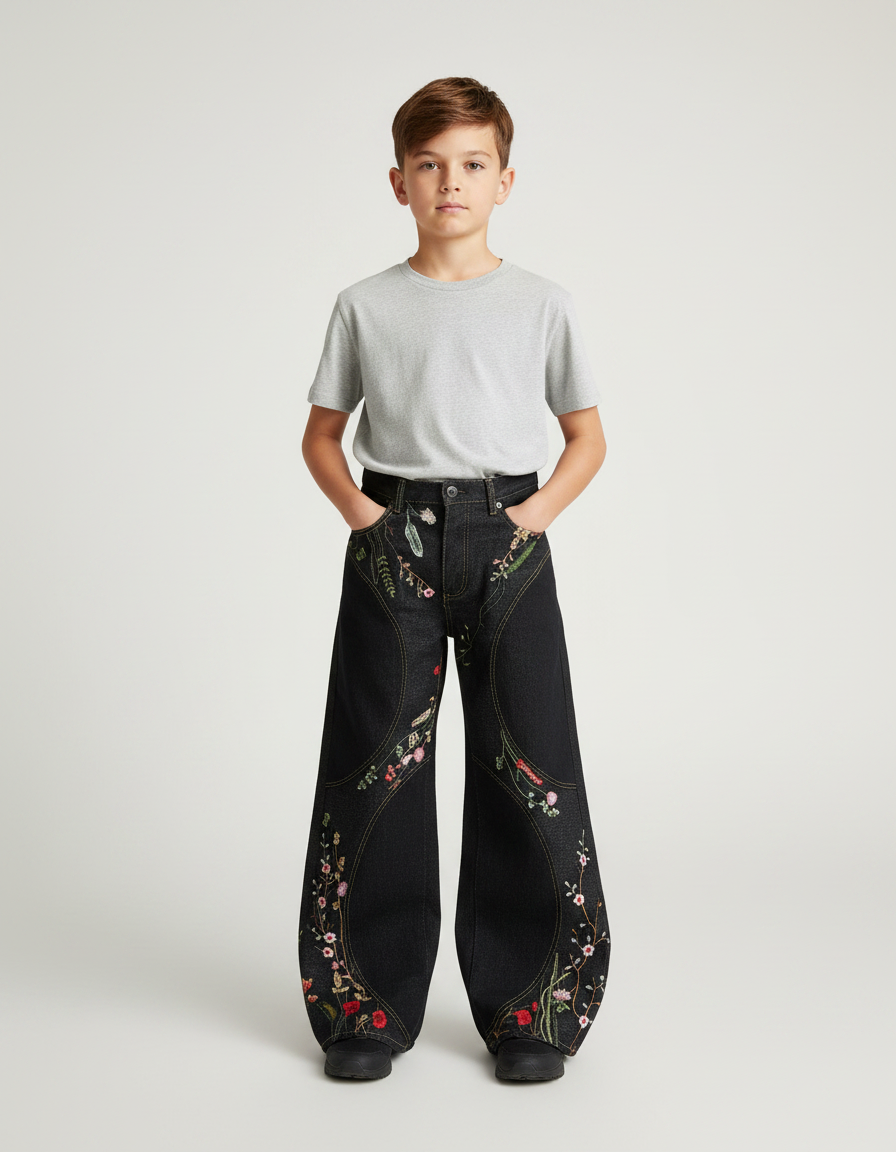 Pantalon Noir À Fleurs - Jean