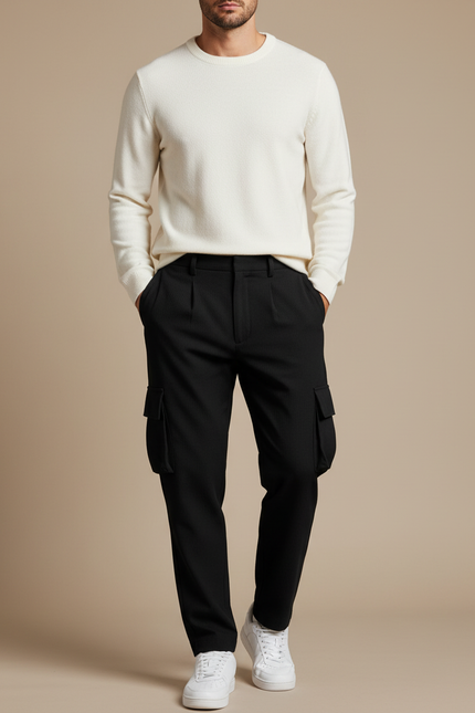 Pantalon Noir Cargo Homme Plissé Rayé Décontracté - Cordé