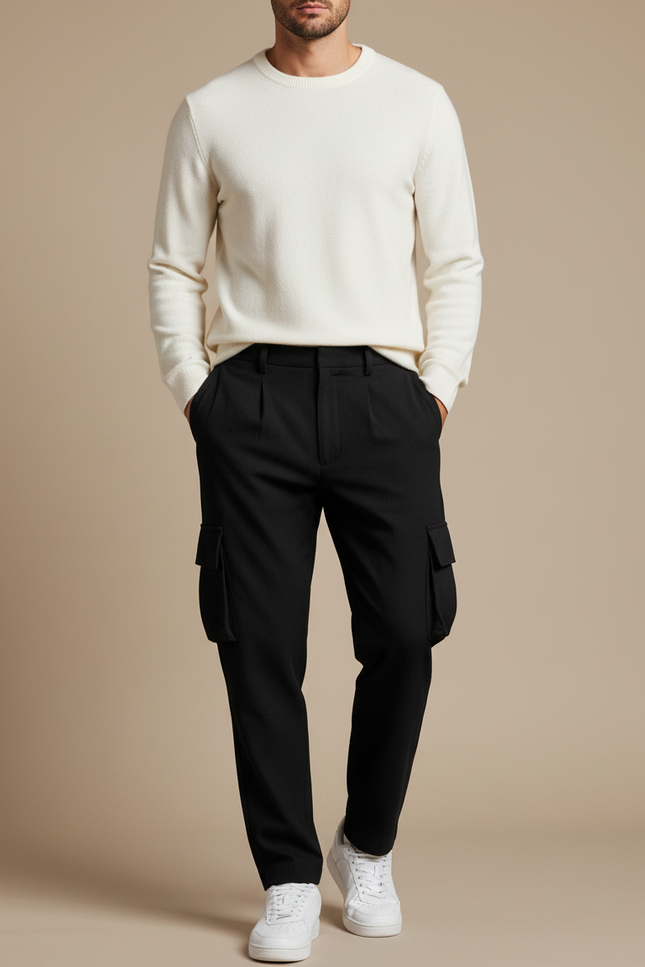 Pantalon Noir Cargo Homme Plissé Rayé Décontracté - Cordé