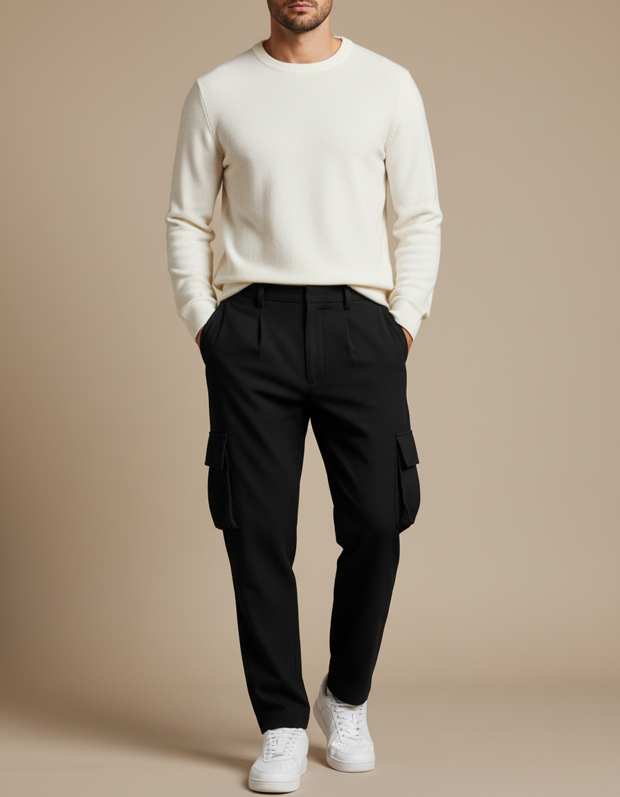 Pantalon Noir Cargo Homme Plissé Rayé Décontracté - Cordé