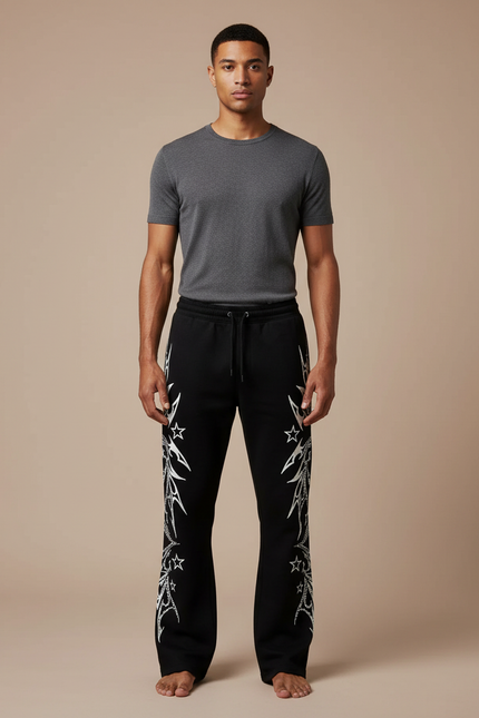 Pantalon Noir Évasé Imprimé Étoiles Streetwear - Molleton