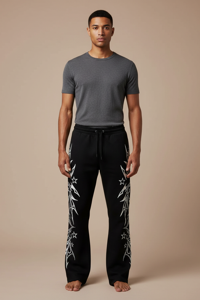 Pantalon Noir Évasé Imprimé Étoiles Streetwear - Molleton