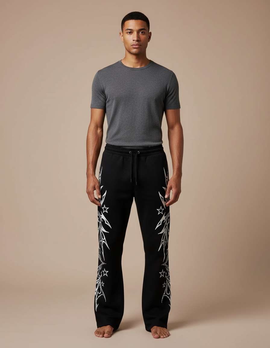 Pantalon Noir Évasé Imprimé Étoiles Streetwear - Molleton