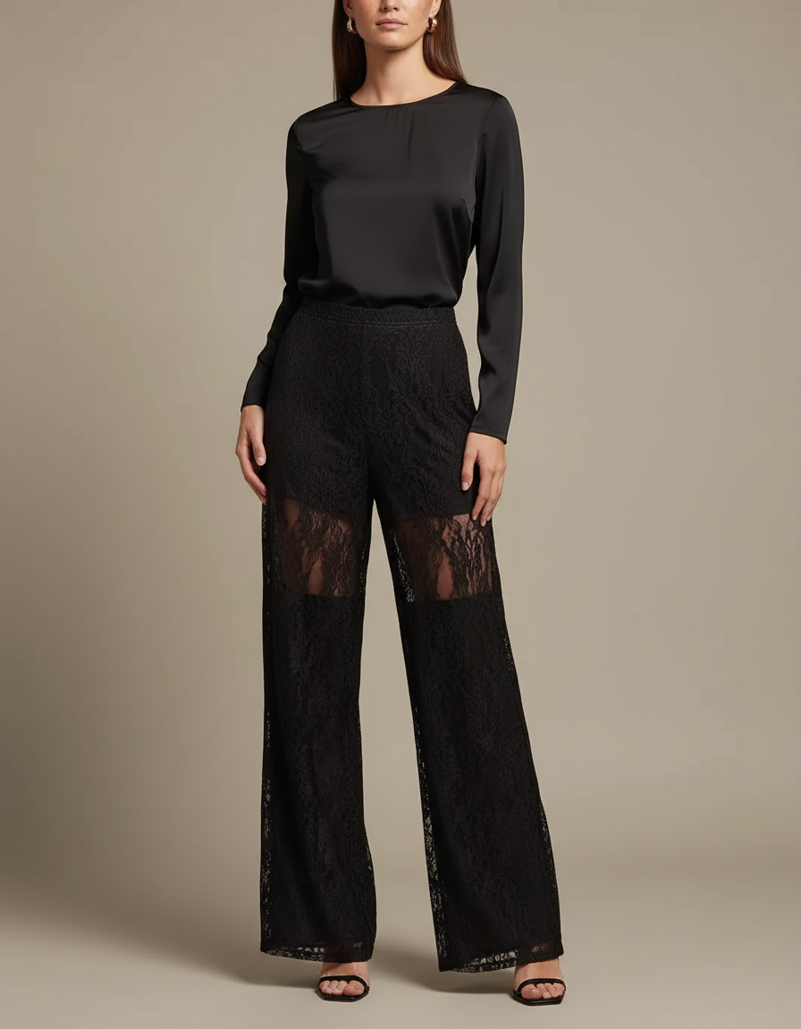 Pantalon Noir Évasé Dentelle Transparente Sexy Élégant - Polyester