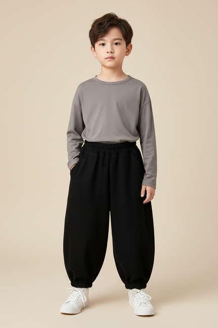 Pantalon Noir Ample Côtelé Élastique Hiver Enfant - Cordé