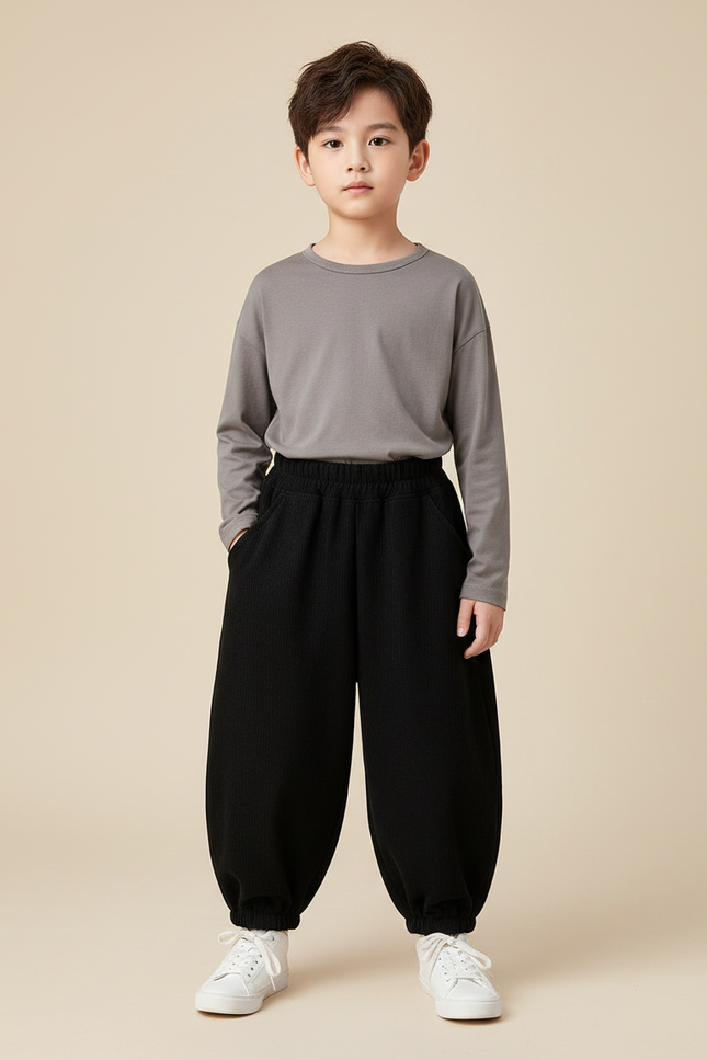 Pantalon Noir Ample Côtelé Élastique Hiver Enfant - Cordé