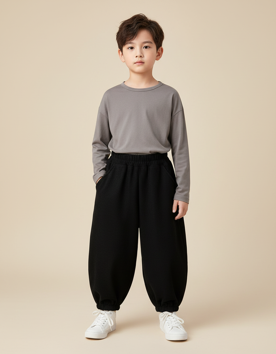 Pantalon Noir Ample Côtelé Élastique Hiver Enfant - Cordé