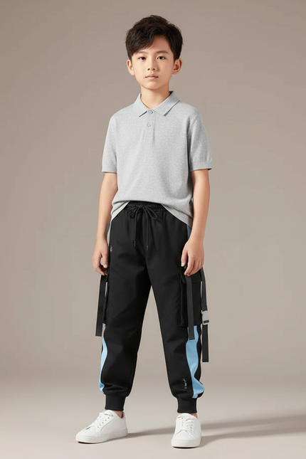 Pantalon Noir Cargo Sport Détails Bleus Décontracté Garçon - Polyester