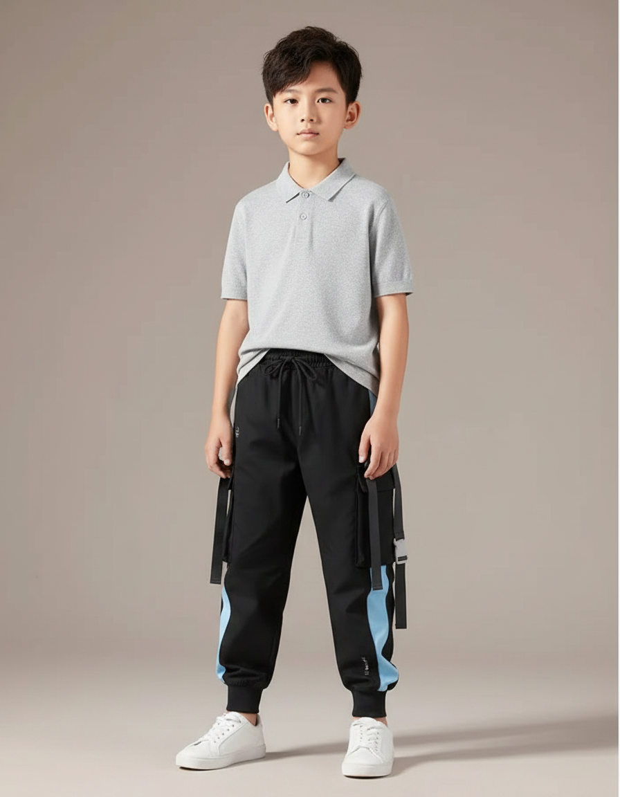 Pantalon Noir Cargo Sport Détails Bleus Décontracté Garçon - Polyester
