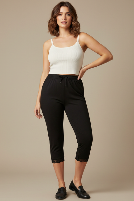 Pantalon Noir Capri Dentelle Confortable Slim-Fit Quotidien - Viscose