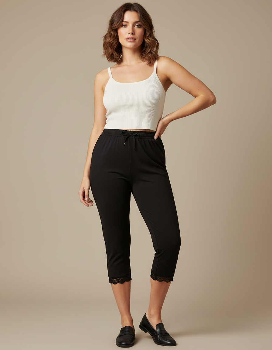 Pantalon Noir Capri Dentelle Confortable Slim-Fit Quotidien - Viscose