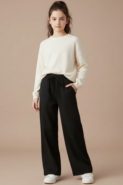 Pantalon Noir Large Décontracté Fluide Fille - Viscose