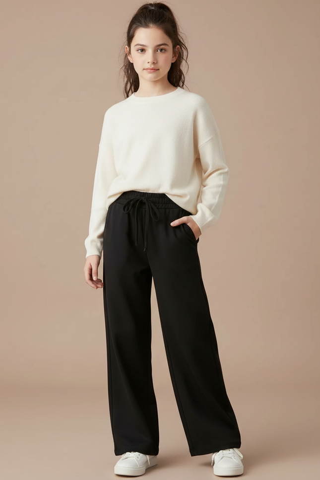 Pantalon Noir Large Décontracté Fluide Fille - Viscose