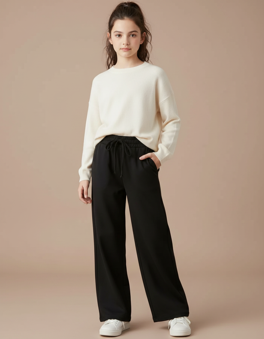 Pantalon Noir Large Décontracté Fluide Fille - Viscose