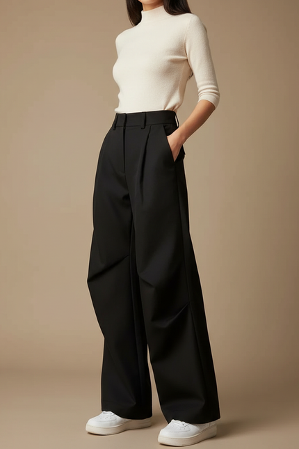 Pantalon Noir Ample Plissé Décontracté Femme - Gabardine