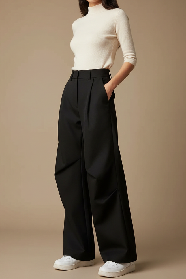 Pantalon Noir Ample Plissé Décontracté Femme - Gabardine
