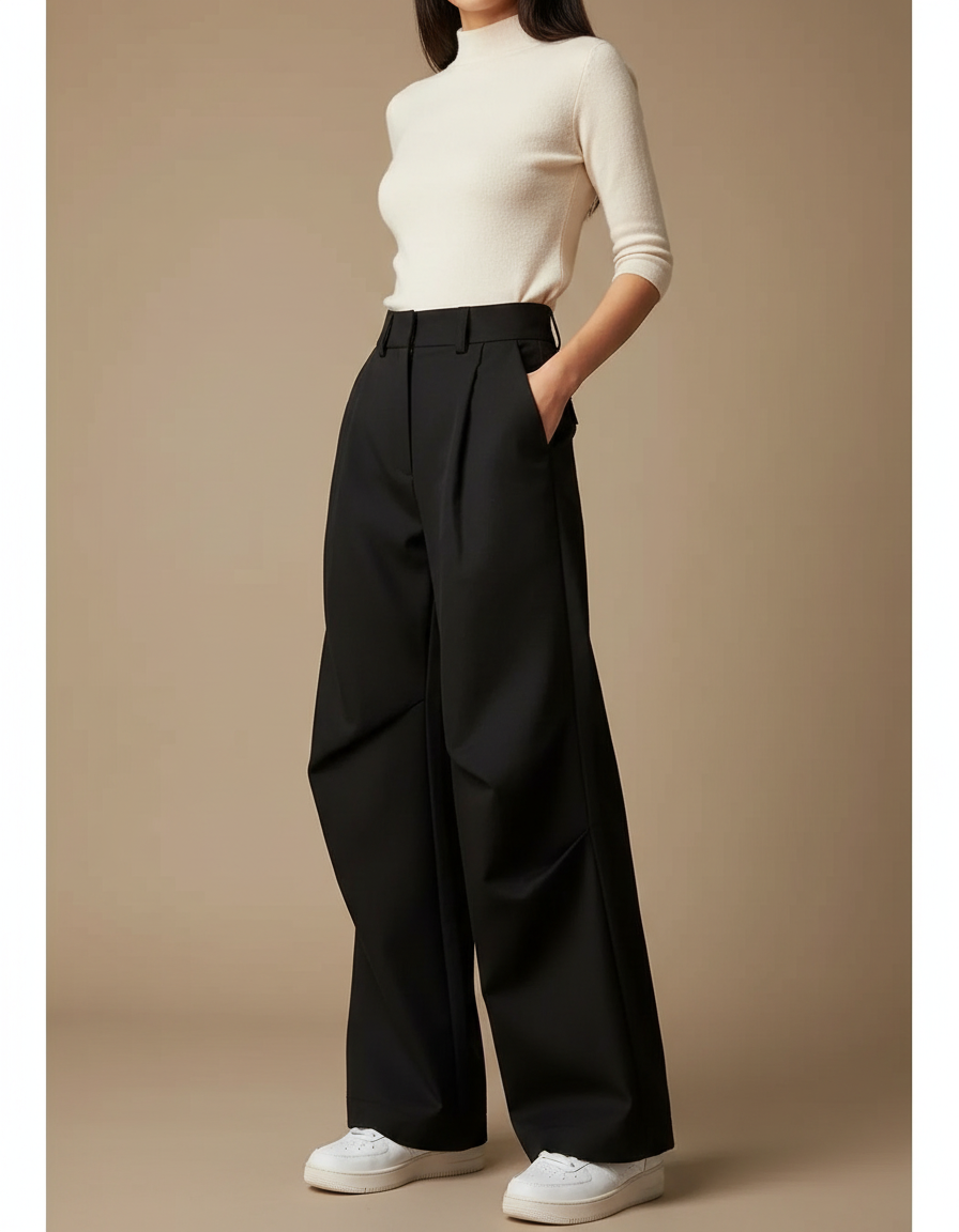 Pantalon Noir Ample Plissé Décontracté Femme - Gabardine