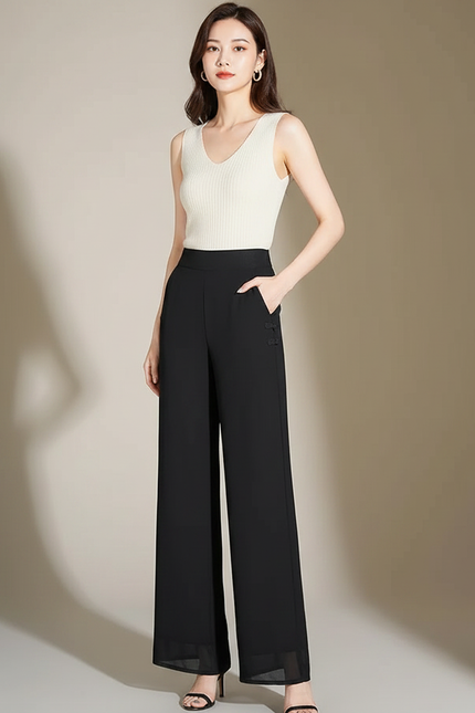 Pantalon Noir Fluide Large Taille Haute - Polyester