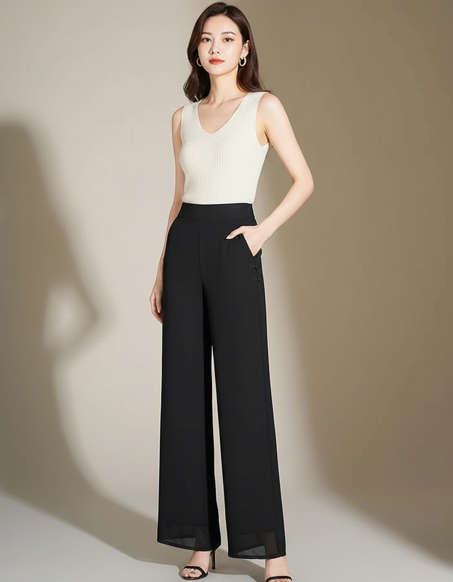 Pantalon Noir Fluide Large Taille Haute - Polyester