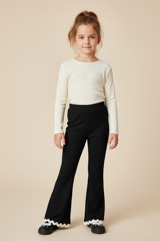Pantalon Noir Côtelé Évasé Volants Fille - Maille