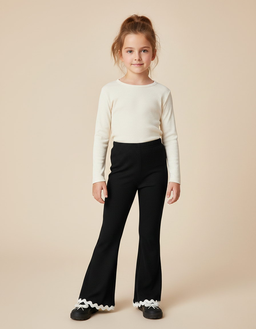 Pantalon Noir Côtelé Évasé Volants Fille - Maille