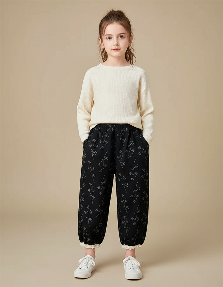 Pantalon Fleuri Noir - Molleton