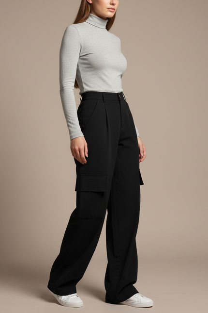 Pantalon Noir Cargo Taille Haute Femme Décontracté - Polyester