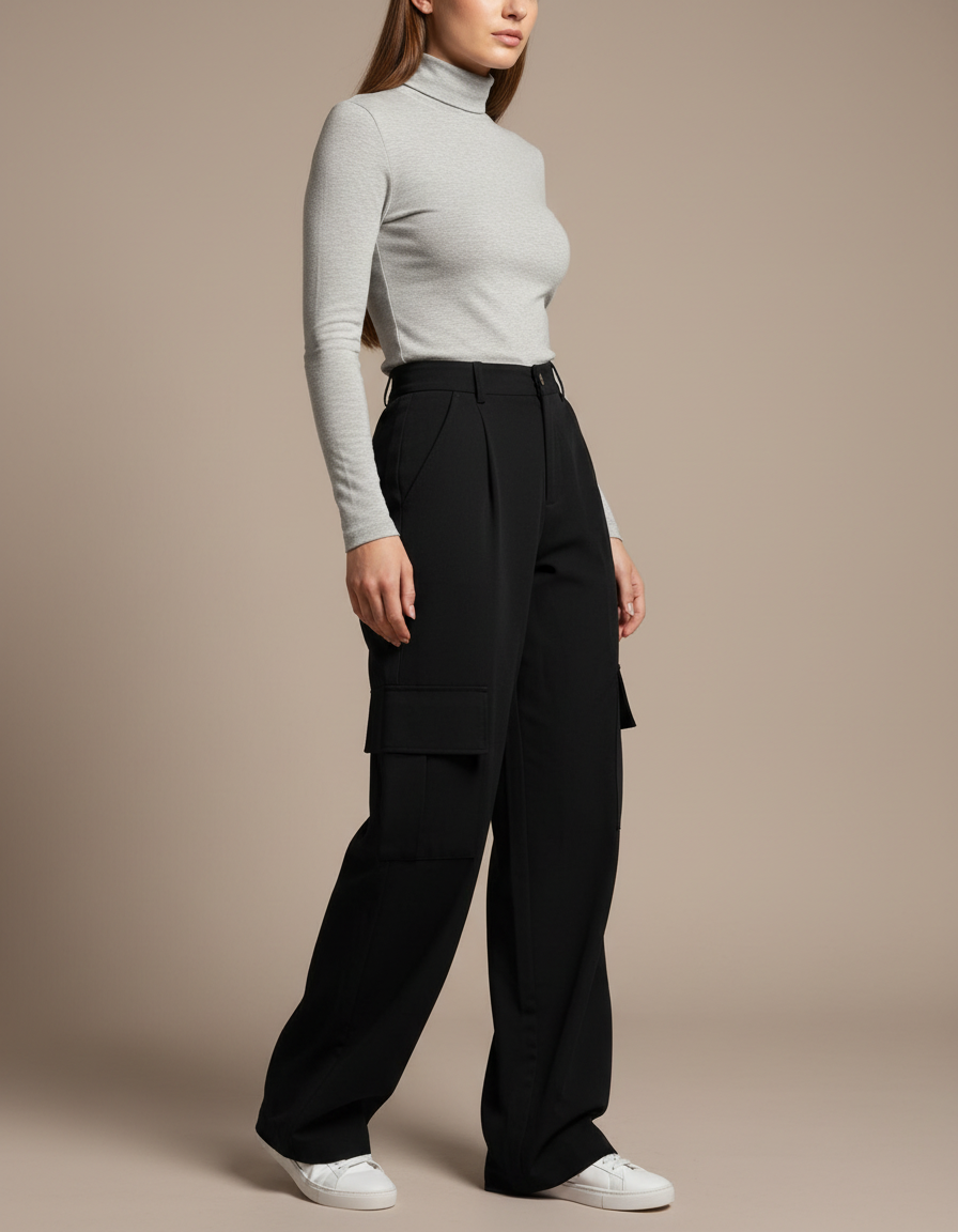 Pantalon Noir Cargo Taille Haute Femme Décontracté - Polyester